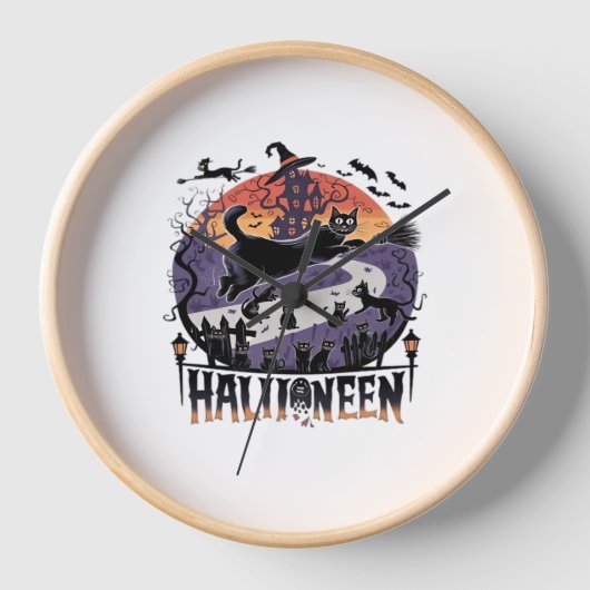 黒不気味猫ハロウィーンナイト – ヴィンテージ幽霊のよく出る 壁時計 (正面)