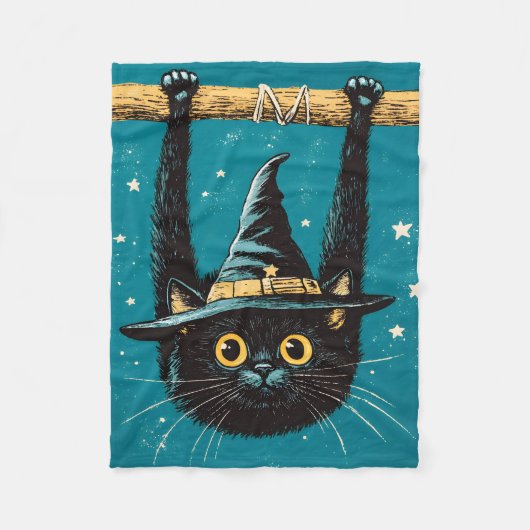 黒不気味飛んでいる猫の魔女 フリースブランケット (正面)