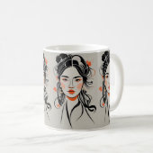 黒中国の線描ペンを持つ少女 コーヒーマグカップ (正面右)