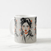 黒中国の線描ペンを持つ少女 コーヒーマグカップ (正面左)