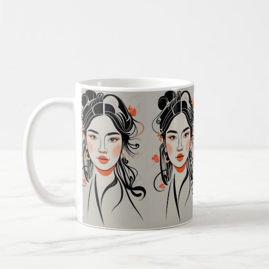 黒中国の線描ペンを持つ少女 コーヒーマグカップ (左)