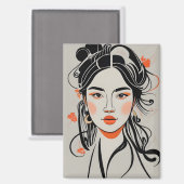 黒中国の線描ペンを持つ少女 マグネット (正面/裏面)