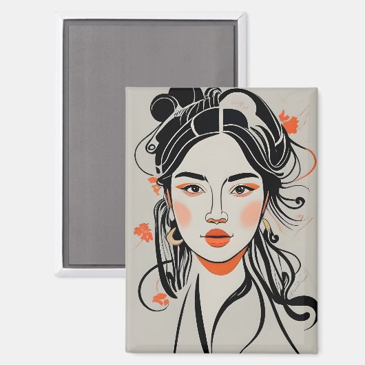 黒中国の線描ペンを持つ少女 マグネット (正面/裏面)