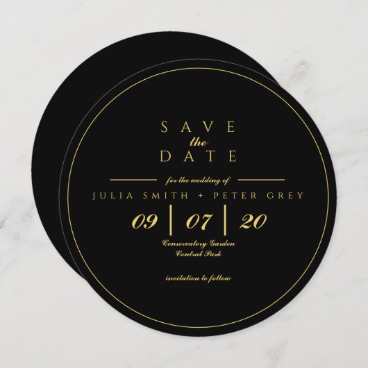 黒丸と金ゴールド丸で日付の招待を保存 招待状 (正面/裏面)