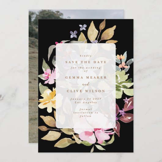 黒乾燥フローラ水彩画結婚像の写真 セーブザデート (正面/裏面)