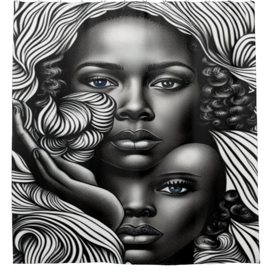 黒人と白人の抽象芸術アフリカ系アメリカ人女性 シャワーカーテン (正面)