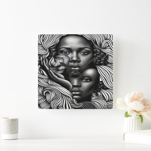 黒人と白人の抽象芸術アフリカ系アメリカ人女性 スクエア壁時計 (ホーム)