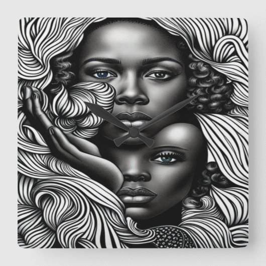 黒人と白人の抽象芸術アフリカ系アメリカ人女性 スクエア壁時計 (正面)