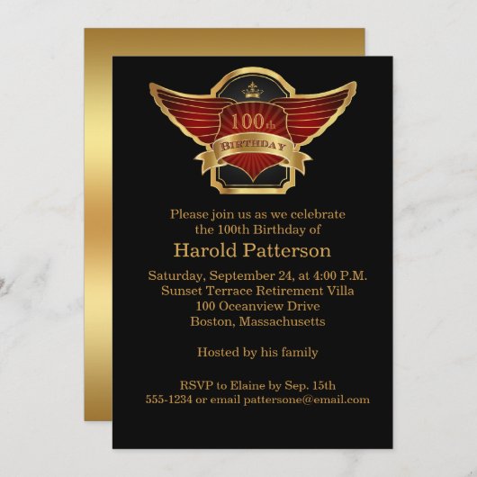 黒人と金ゴールドの100歳誕生日パーティーの招待 招待状 (正面/裏面)