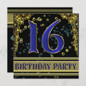 黒人と金ゴールドの16歳の誕生日パーティー 招待状 (正面/裏面)