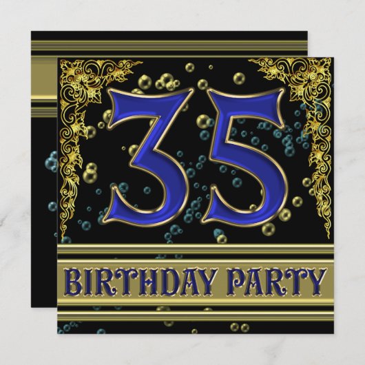 黒人と金ゴールドの35歳の誕生日パーティー 招待状 (正面/裏面)