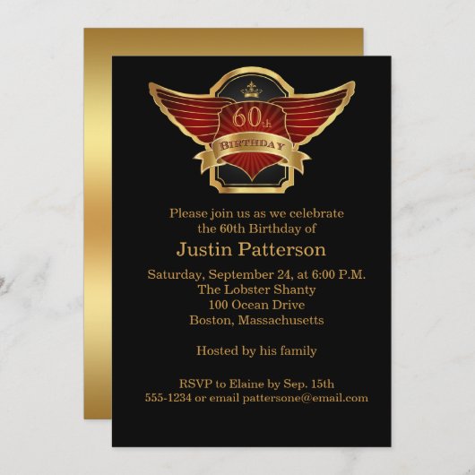 黒人と金ゴールドの60歳の誕生日パーティーの招待 招待状 (正面/裏面)