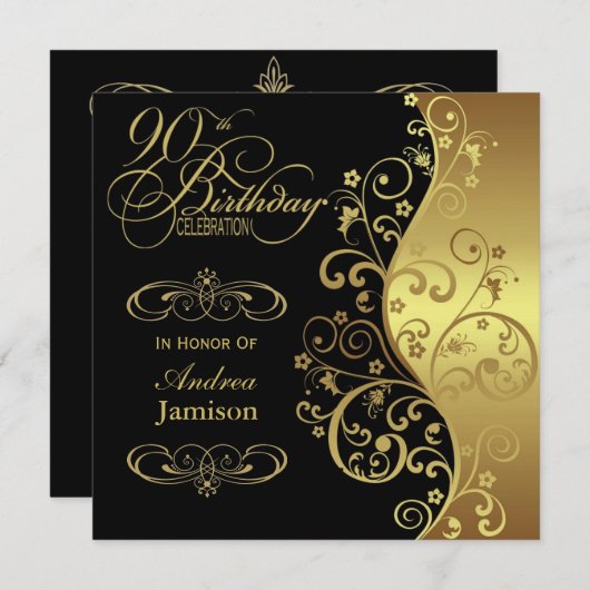 黒人と金ゴールドの90歳の誕生日パーティーの招待 招待状 (正面/裏面)