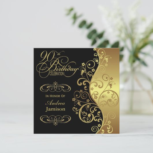 黒人と金ゴールドの90歳の誕生日パーティーの招待 招待状 (スタンド正面)