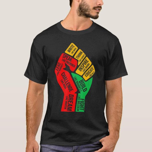 黒人のインスパイア指導者の力、拳、黒の法師 Tシャツ (正面)