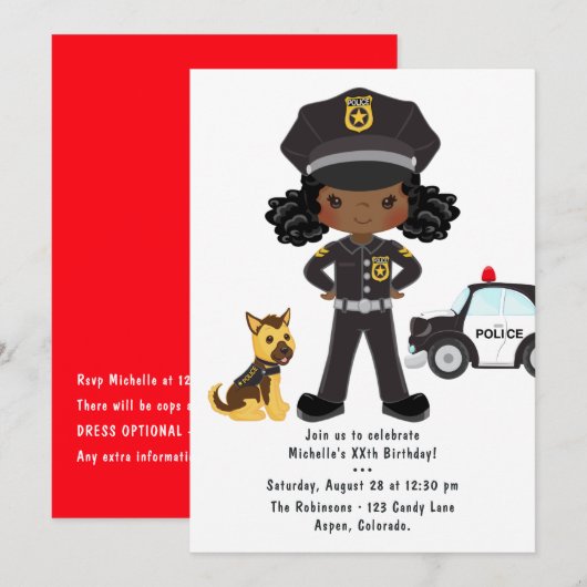 黒人の女性警察官 誕生日パーティー 招待状 (正面/裏面)