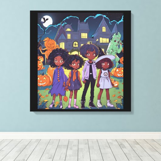 黒人の子供たちが町のハロウィン幽霊のよく出るに偶然出会う キャンバスプリント (インサイチュ (ウッドフロア))