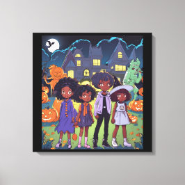 黒人の子供たちが町のハロウィン幽霊のよく出るに偶然出会う キャンバスプリント