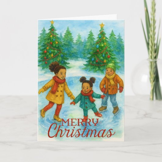黒人の子供たちのアイススケート クリスマスカード (正面)