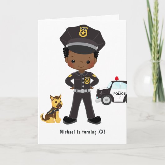 黒人の少年警察官パーティー 誕生日パーティー 招待状 (正面)