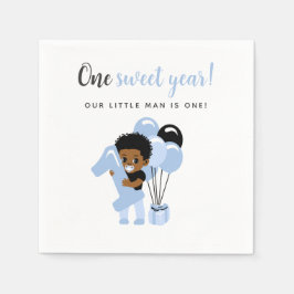 黒人の男の赤ちゃんと青い風船の1歳の誕生日 スタンダードカクテルナプキン