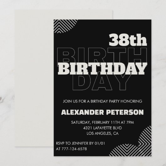 黒人の男性のための38歳の誕生日パーティーの招待状 招待状 (正面/裏面)