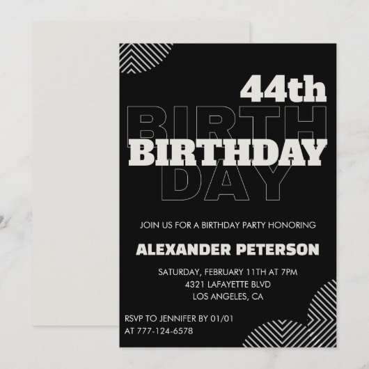 黒人の男性のための44歳の誕生日パーティーの招待状 招待状 (正面/裏面)