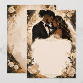 黒人カップルのアニメ風結婚式招待状 招待状 (正面/裏面)