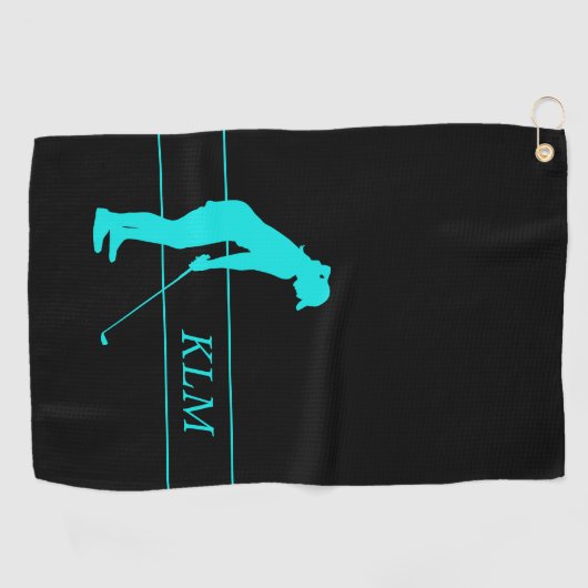 黒人女性のシルエットのゴルファーのモノグラムのティール(緑がかった色) ゴルフタオル (横)