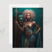 黒人女性の戦士と獅子のファンタジー ポストカード (正面/裏面)