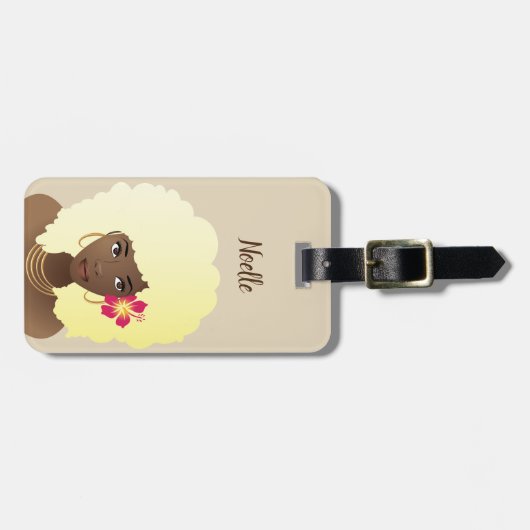 黒人女性の花楽しむの旅,ピンクとベージュ ラゲッジタグ (正面横)