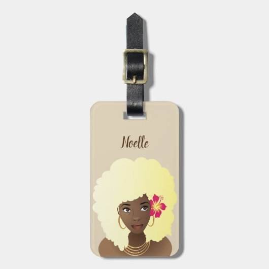 黒人女性の花楽しむの旅,ピンクとベージュ ラゲッジタグ (正面縦)