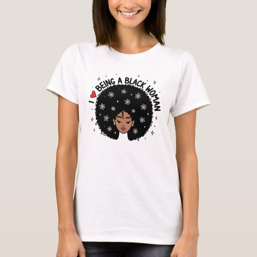 黒人女性の誇り アフロヘア 赤いハートの花 Tシャツ (正面)