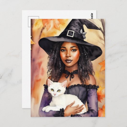 黒人女性の魔女と猫の秋の水色 ポストカード (正面/裏面)