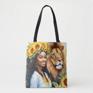 黒人女性ひまわりの花と獅子獅子レオ トートバッグ