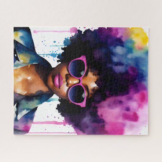 黒人女性アフロの髪とサングラスレインボーアート ジグソーパズル (横)