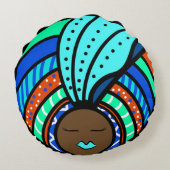 黒人女性カラフルターバンターコイズ ラウンドクッション (裏面)