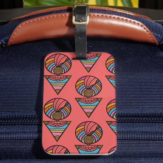 黒人女性カラフルターバン珊瑚色 ラゲッジタグ (正面インサイチュ2)