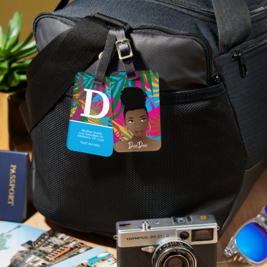 黒人女性カラフルトロピカル葉ブルー ラゲッジタグ (正面&裏面)