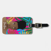 黒人女性カラフルトロピカル葉ブルー ラゲッジタグ (正面横)