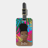 黒人女性カラフルトロピカル葉ブルー ラゲッジタグ (正面縦)
