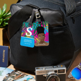 黒人女性カラフルトロピカル葉ブルー ラゲッジタグ