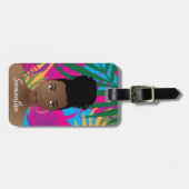 黒人女性カラフルトロピカル葉ブルー ラゲッジタグ (正面横)