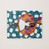 黒人女性カラフル風船花柄ティール（緑がかった色） ジグソーパズル (横)