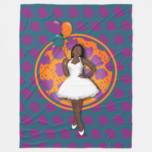 黒人女性カラフル風船花柄ティール（緑がかった色） フリースブランケット (正面)
