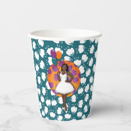 黒人女性カラフル風船花柄ティール（緑がかった色） 紙コップ