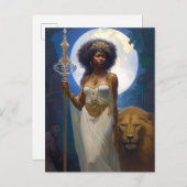 黒人女性クイーンライオンアートファンタジー ポストカード (正面/裏面)