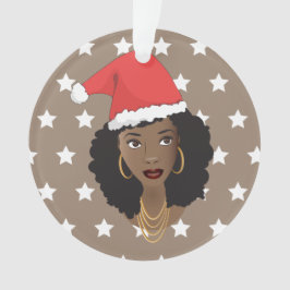黒人女性クリスマスサンタハット、白い星茶色 オーナメント