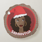 黒人女性クリスマスサンタハット、赤いドット、ブラウン ラウンドクッション (裏面)