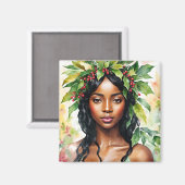 黒人女性クリスマスホリーウォーターカラーアート マグネット (正面/裏面)